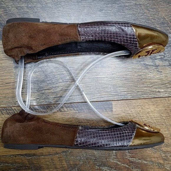 Tory Burch Women’s Reva Gold Metallic Slip On Stretch Ballet Flats Size 6.5 - Picture 5 of 8